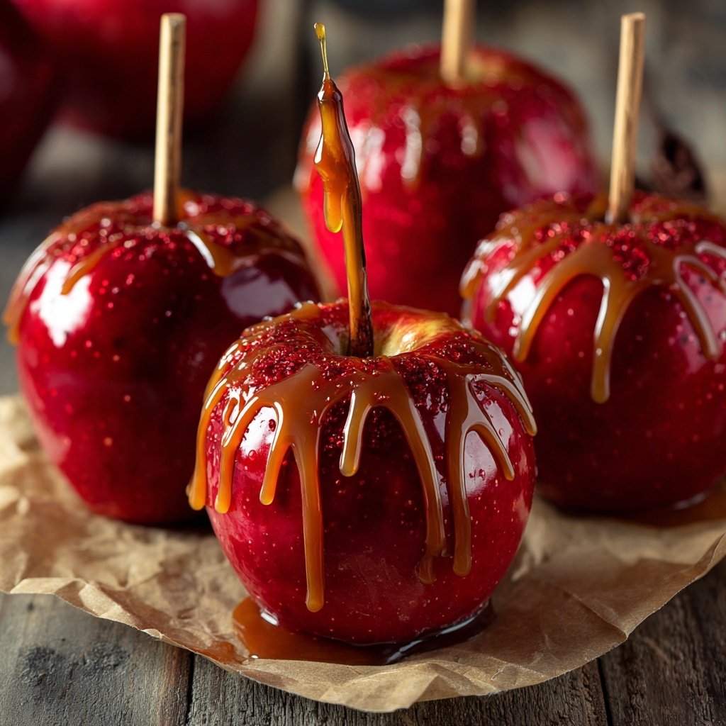 Red Candy Apples With Caramel Drizzle